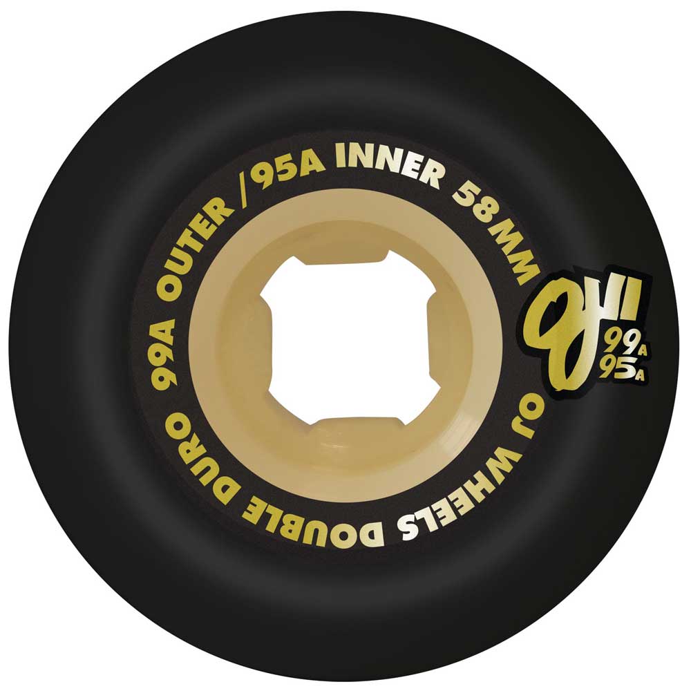 A black and beige 58mm Double Duro Black Gum Mini Combo 99a 95a OJ skateboard wheel with “OJ” logo and “99A/95A” on the side, offering durable construction for smooth rides.