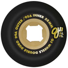A black and beige 58mm Double Duro Black Gum Mini Combo 99a 95a OJ skateboard wheel with “OJ” logo and “99A/95A” on the side, offering durable construction for smooth rides.