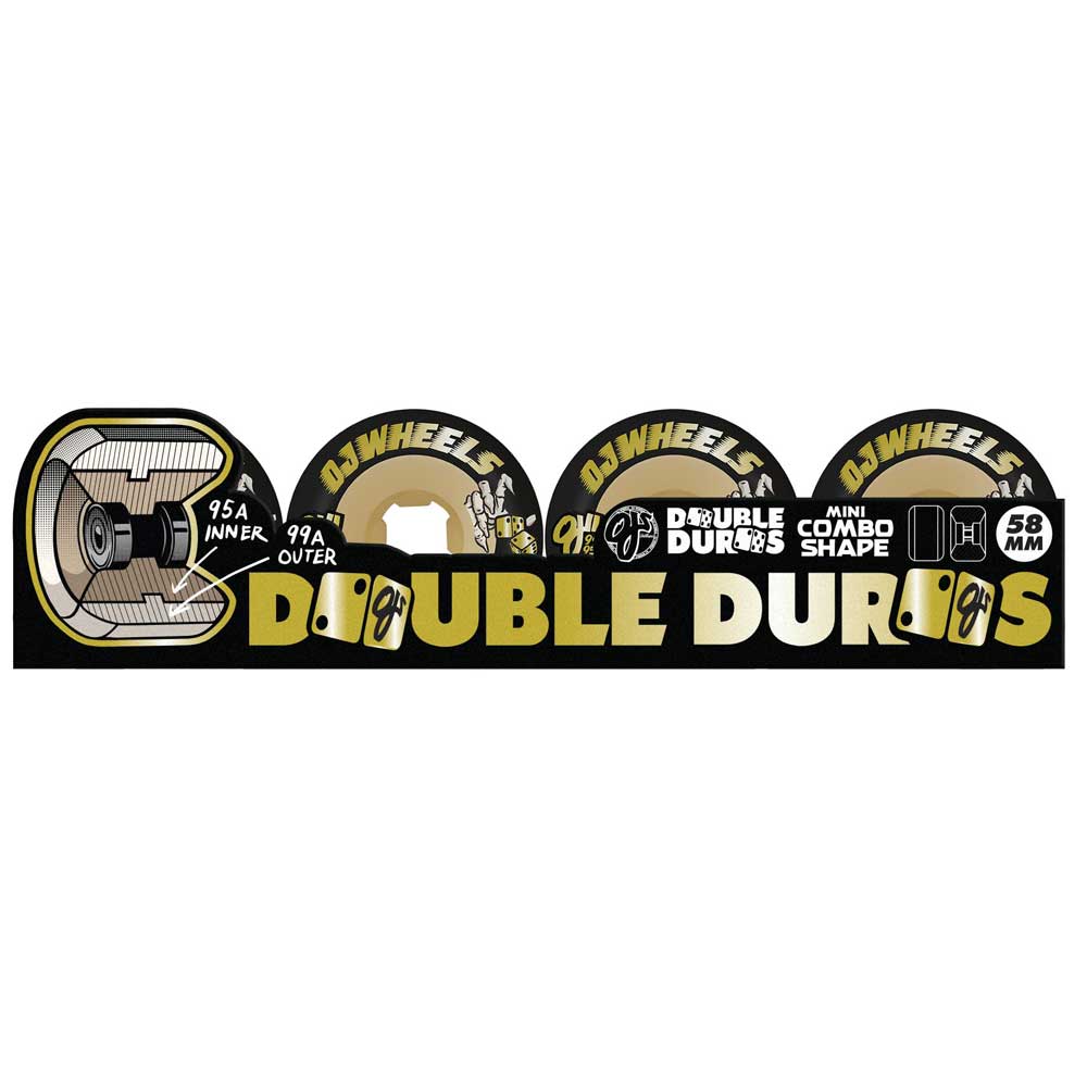 Illustration of 58mm Double Duro Black Gum Mini Combo OJ Wheels, showing cross-section and specs: 95A inner, 99A outer, mini combo shape—details highlighted in bold yellow and white text.