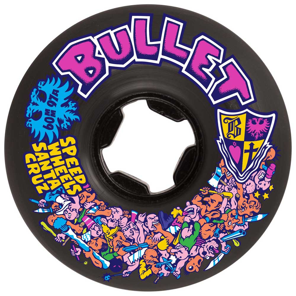The 60mm Bullet Riot Vomits Black 97a Slime Balls Wheels showcase vibrant cartoon artwork, a bright blue lion face, yellow and purple shield, and “BULLET SPEED WHEELS SANTA CRUZ” in bold, stylized lettering on black skateboard wheels.
