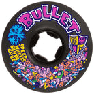 The 60mm Bullet Riot Vomits Black 97a Slime Balls Wheels showcase vibrant cartoon artwork, a bright blue lion face, yellow and purple shield, and “BULLET SPEED WHEELS SANTA CRUZ” in bold, stylized lettering on black skateboard wheels.