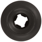 A close-up view from above of a 60mm Bullet Riot Vomits Black 97a Slime Balls skateboard wheel, featuring a smooth black surface and a central star-shaped cutout for axle attachment.