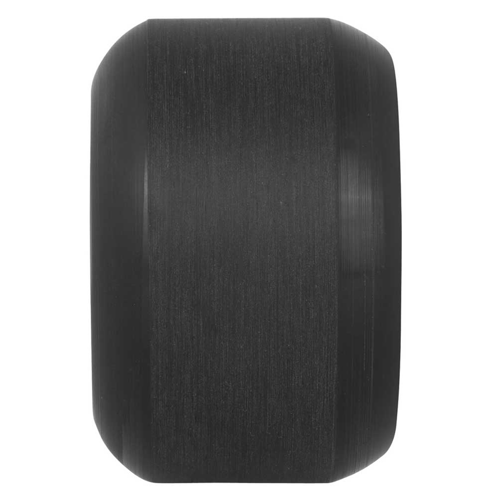 A close-up of the 60mm Bullet Riot Vomits Black 97a Slime Balls Wheels, shown from the side on a white background. The solid black surface is smooth and treadless, highlighting its minimalistic and industrial design.