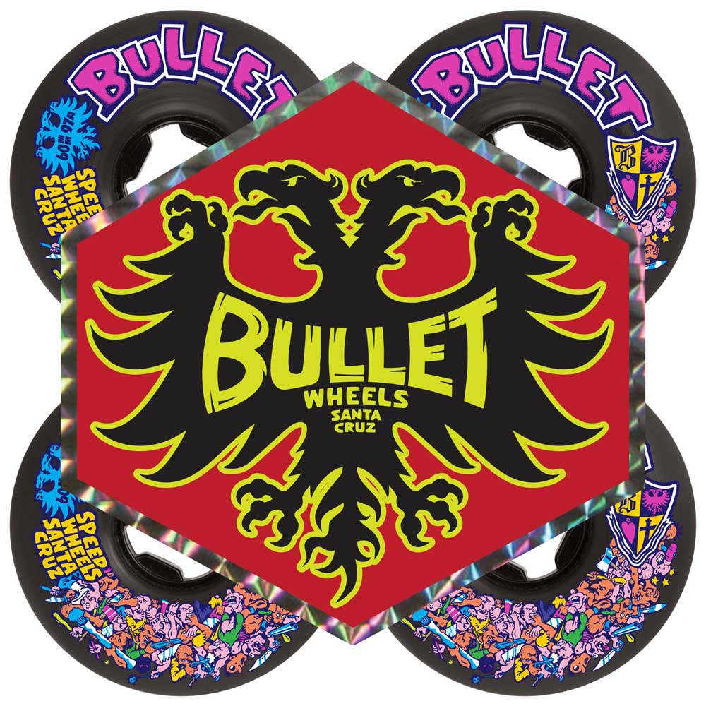 Four 60mm Bullet Riot Vomits Black 97a Slime Balls Wheels surround a red hexagon with a yellow double-headed eagle and “Bullet Wheels Santa Cruz.” Each wheel features the bold word “BULLET” in vibrant pink and purple letters.