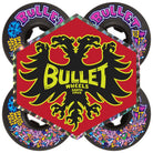 Four 60mm Bullet Riot Vomits Black 97a Slime Balls Wheels surround a red hexagon with a yellow double-headed eagle and “Bullet Wheels Santa Cruz.” Each wheel features the bold word “BULLET” in vibrant pink and purple letters.