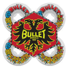 Set of four 60mm Bullet Riot Vomits White 97a Slime Balls Wheels, each with vibrant cartoon graphics and "BULLET" in red above a red hexagon with a yellow double-headed eagle—ideal for fans of Slime Balls Wheels.