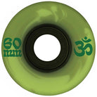 The 60mm Cru-Zen Super Juice Emerald Marble Swirl 78a OJ Wheel features a central mounting hole and displays a teal Om symbol on its green, marbled surface.