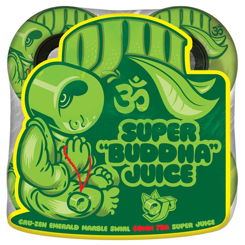Packaging for 60mm Cru-Zen Super Juice Emerald Marble Swirl 78a OJ Wheels features green and yellow swirled skateboard wheels, a cartoon meditating turtle with a red necklace and leafy accents, plus “Super Buddha Juice” text.