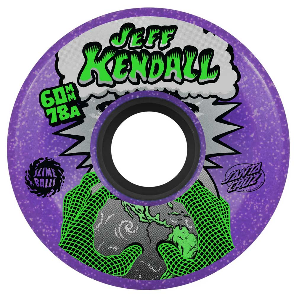 The 60mm Kendall End of the World Reissue OG Slime Purple 78a Slime Balls Wheels feature bold “Jeff Kendall” text, comic earth art gripped by green hands, “Kendall End of the World,” 60mm 78A specs, and the classic Santa Cruz logo.
