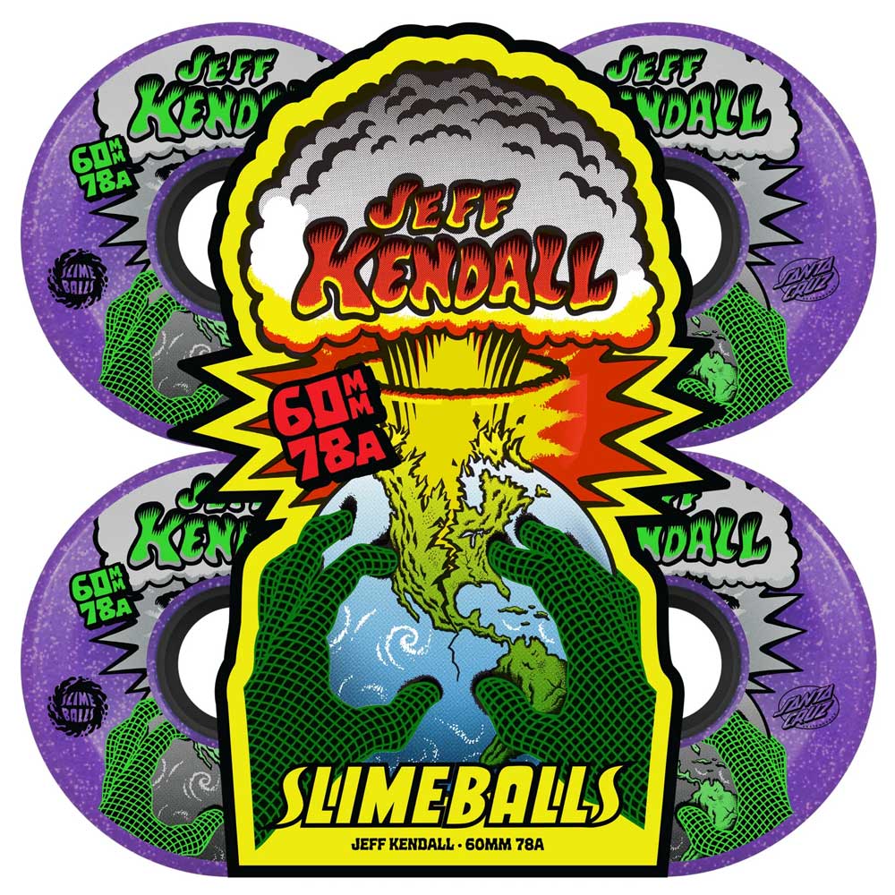 The 60mm Kendall End of the World Reissue OG Slime Purple 78a Slime Balls Wheels feature bold yellow, red, and green artwork of an explosion over Earth on a purple background with green "SLIMEBALLS" text. Set includes four skateboard wheels.