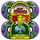 The 60mm Kendall End of the World Reissue OG Slime Purple 78a Slime Balls Wheels feature bold yellow, red, and green artwork of an explosion over Earth on a purple background with green "SLIMEBALLS" text. Set includes four skateboard wheels.