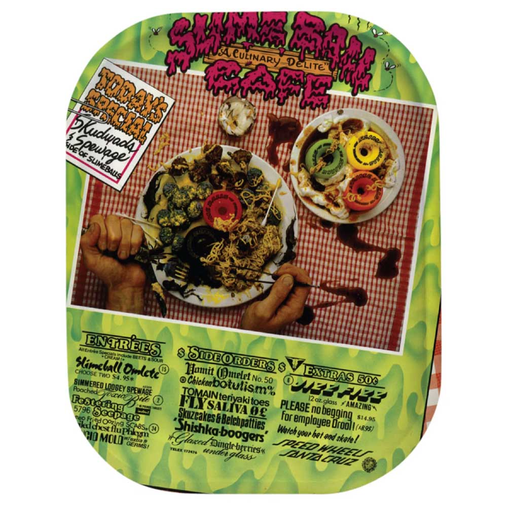 A vibrant oval menu with playful fonts, illustrated slime, and a photo of messy food with toy insects on a red-checkered cloth features whimsical dishes in bold text alongside fun touches like 60mm SB Cafe Light Ups OG Slime Green 78a Slime Balls Wheels.