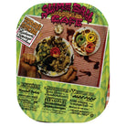 A vibrant oval menu with playful fonts, illustrated slime, and a photo of messy food with toy insects on a red-checkered cloth features whimsical dishes in bold text alongside fun touches like 60mm SB Cafe Light Ups OG Slime Green 78a Slime Balls Wheels.
