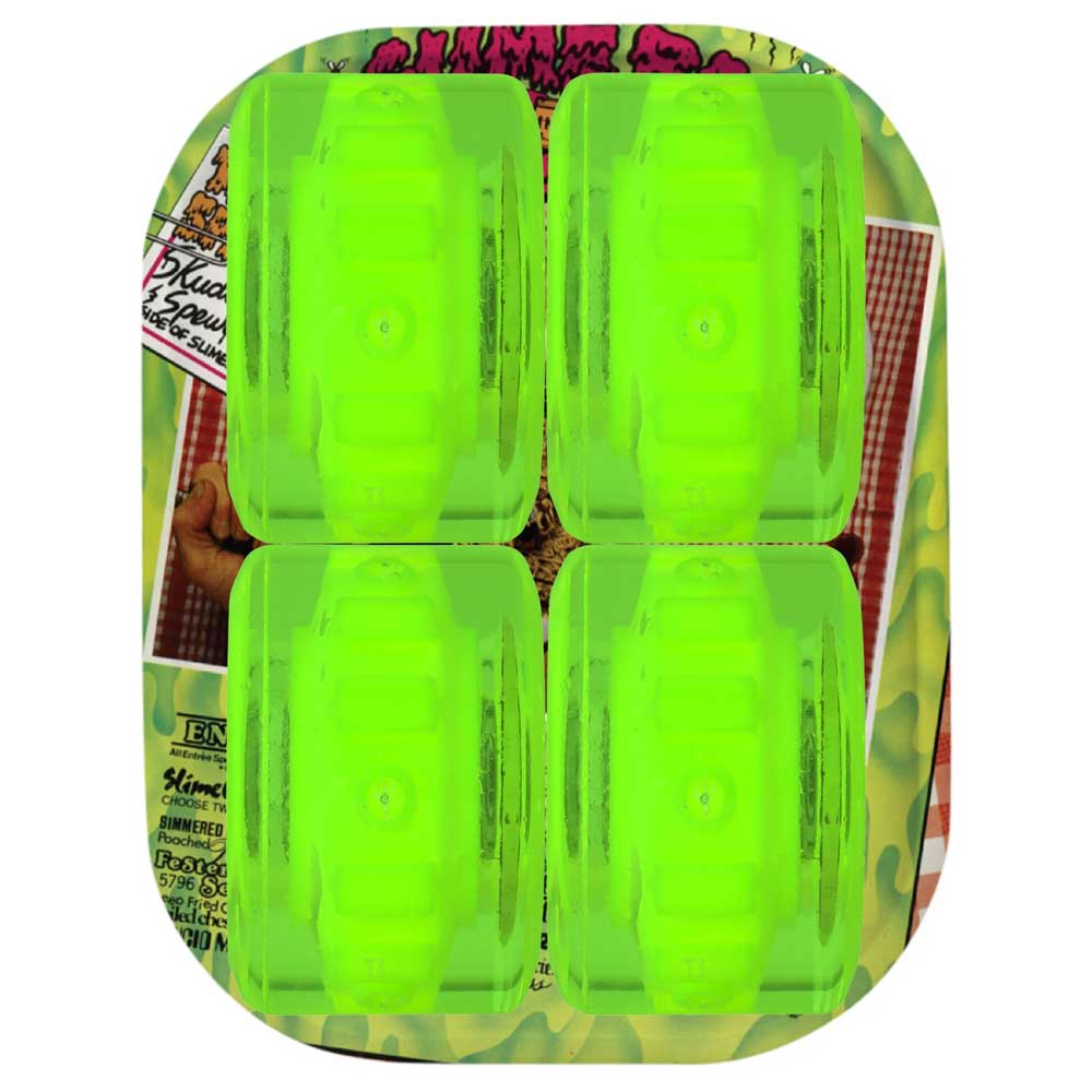 Four 60mm SB Cafe Light Ups OG Slime Green 78a Slime Balls Wheels are arranged in a blister pack with a colorful camo-themed backing card, similar to packaging for LED or light-up skateboard wheels.