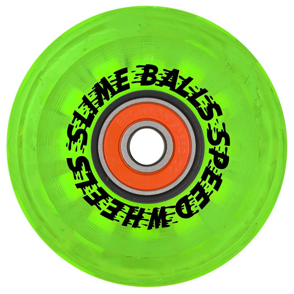 A translucent bright green 60mm SB Cafe Light Ups OG Slime Green 78a Slime Balls skateboard wheel features a red bearing and black "SLIME BALLS SPEED WHEELS" text around the hub.