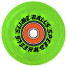 A translucent bright green 60mm SB Cafe Light Ups OG Slime Green 78a Slime Balls skateboard wheel features a red bearing and black "SLIME BALLS SPEED WHEELS" text around the hub.