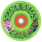The 60mm SB Cafe Light Ups OG Slime Green 78a Slime Balls Wheels feature a bright green color, graffiti-style yellow "Slime Balls" and "Salsa" text, red core, TU PAS SPECIAL 78A 60MM stickers, and colorful doodles—perfect for Slime Balls fans.