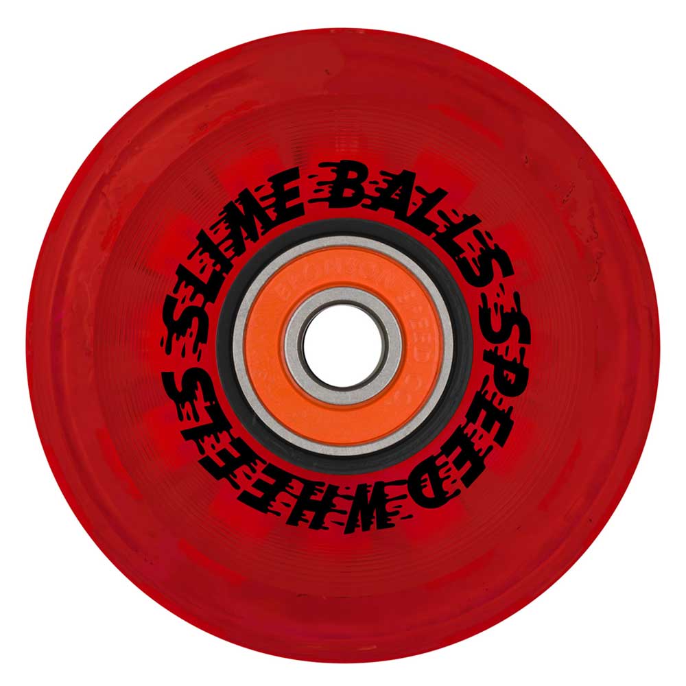 A 60mm SB Ice Light Ups OG Slime Red 78a Slime Balls Wheel featuring a metal bearing in the center and black, distorted text around it reading "SLIME BALLS," echoing classic Slime Balls Wheels designs.