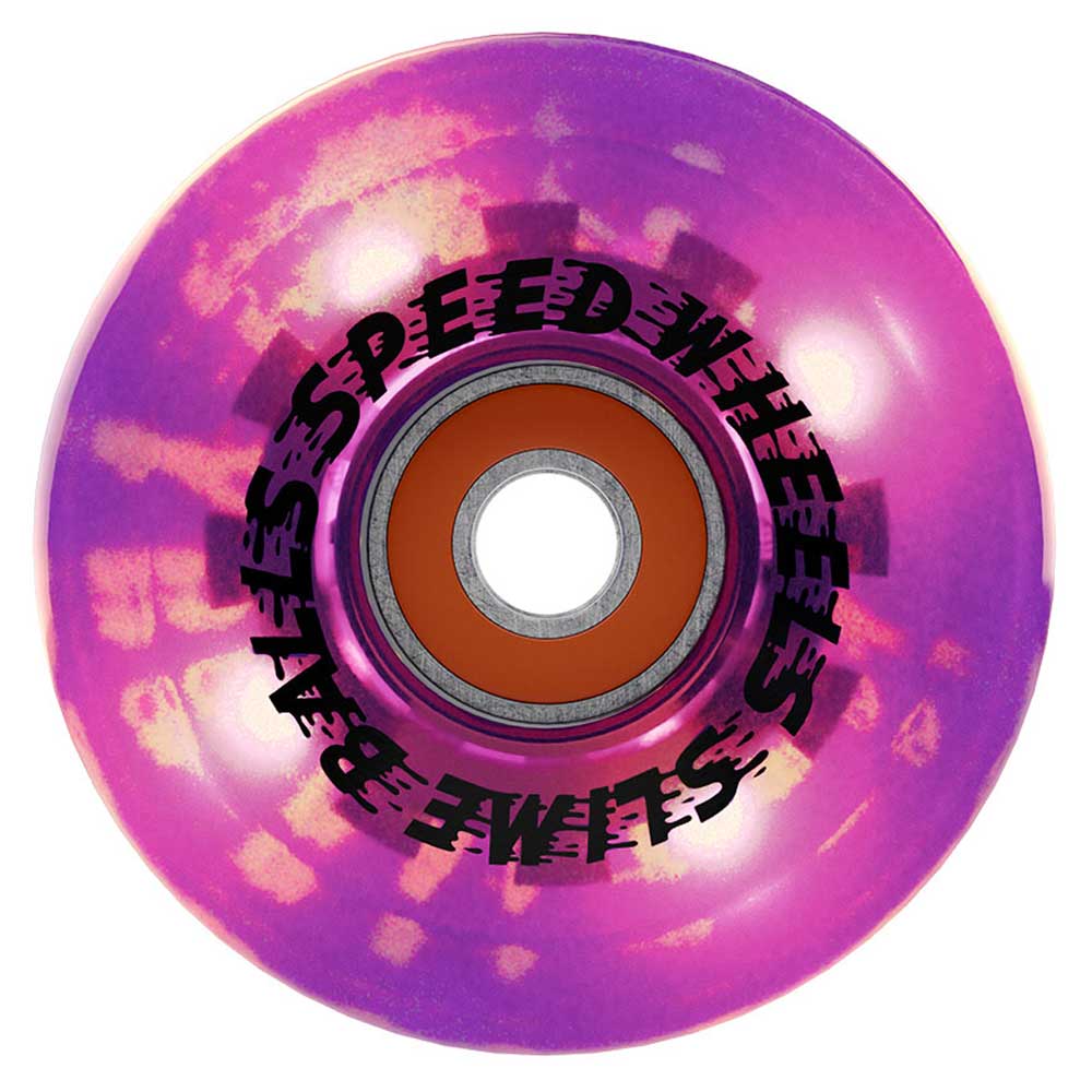A close-up of a shiny purple skateboard wheel, specifically the 60mm Sam Hitz Light Ups OG Slime Purple 78a Slime Balls Wheel, with black text around the center that reads SPEED WHEELS SLIME BALLS. The wheel features an orange bearing in the middle.