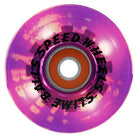 A close-up of a shiny purple skateboard wheel, specifically the 60mm Sam Hitz Light Ups OG Slime Purple 78a Slime Balls Wheel, with black text around the center that reads SPEED WHEELS SLIME BALLS. The wheel features an orange bearing in the middle.