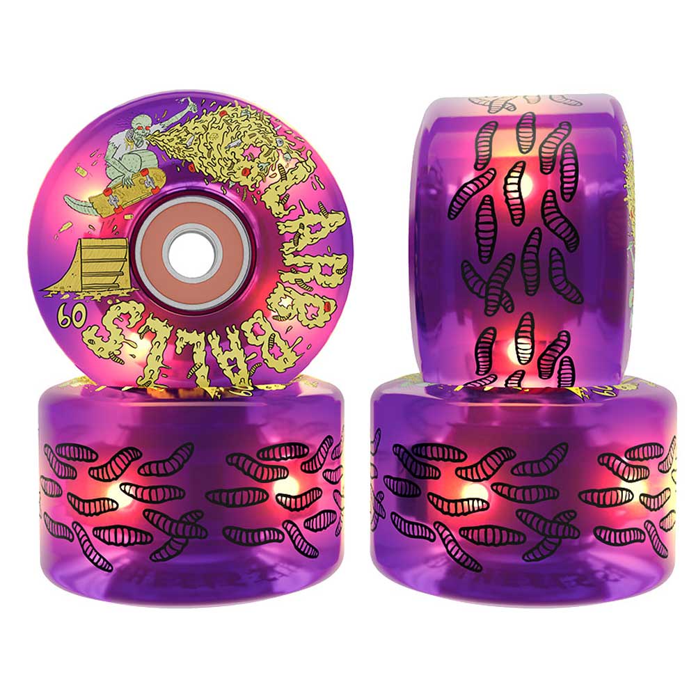 Set of four 60mm Sam Hitz Light Ups OG Slime Purple 78a Slime Balls Wheels, featuring a worm pattern and a clear, glossy finish. One wheel showcases a colorful graphic of a person shoveling worms with the word “Worms” in bold yellow text.