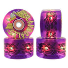 Set of four 60mm Sam Hitz Light Ups OG Slime Purple 78a Slime Balls Wheels, featuring a worm pattern and a clear, glossy finish. One wheel showcases a colorful graphic of a person shoveling worms with the word “Worms” in bold yellow text.