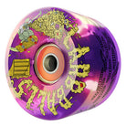 The 60mm Sam Hitz Light Ups OG Slime Purple 78a Slime Balls Wheels feature a vibrant purple design with yellow streaks, highlighted by cartoon artwork of a rat breathing fire at a wooden crate. “Slime Balls” appears in a dripping, slime-inspired font around the wheel, making these wheels stand out with their striking graphics and unique style.