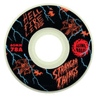 The 60mm Stranger Things Meek Slasher Eddie OG Slime GITD 78a Slime Balls Wheels feature bats, lightning bolts, and a demogorgon on red wheels with Hellfire Eyes—perfect for fans of supernatural style and epic adventures.