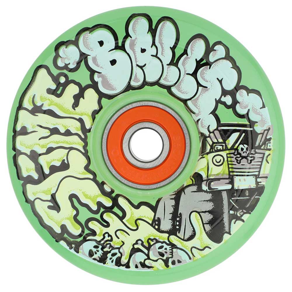 The 66mm Accelerator Light Ups OG Slime Transparent Green 78a Slime Balls Wheels feature graffiti text, cartoon monster truck and skull graphics, an orange bearing, and glow in the dark for standout cruiser style.
