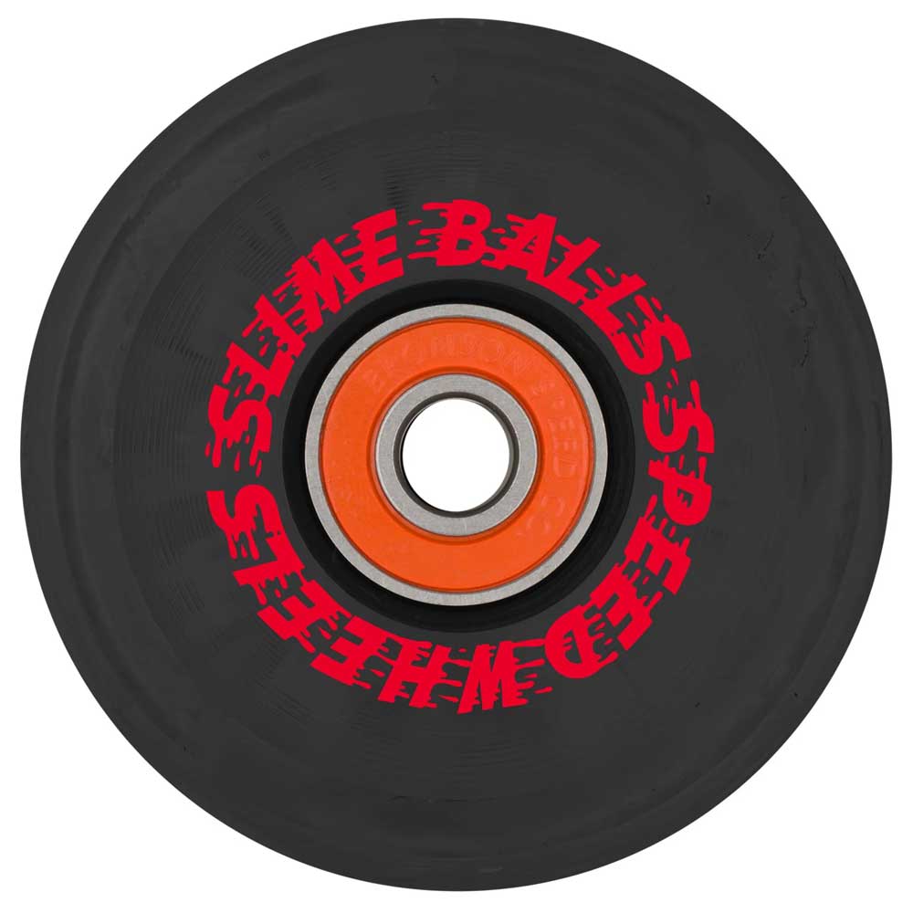The 66mm Flame Light Ups OG Slime Black 78a Slime Balls Wheels feature a black design with red and orange bearings, bold "SLIME BALLS SPEED WHEELS" text, and are made from durable 78a urethane for a smooth ride.