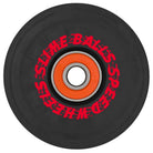 The 66mm Flame Light Ups OG Slime Black 78a Slime Balls Wheels feature a black design with red and orange bearings, bold "SLIME BALLS SPEED WHEELS" text, and are made from durable 78a urethane for a smooth ride.