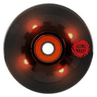 Experience standout style with the 66mm Prayer Candle Light Ups OG Slime Transparent Black 78a Slime Balls Wheels. These black skateboard wheels feature a red center, an orange inner ring, and the iconic Slime Balls logo in bold red on the outer edge. Their glossy surface reflects light while built-in LEDs make them glow brilliantly as you cruise, delivering both eye-catching appeal and the smooth ride of 78a cruiser wheels. Perfect for riders seeking a unique look and vibrant performance!.