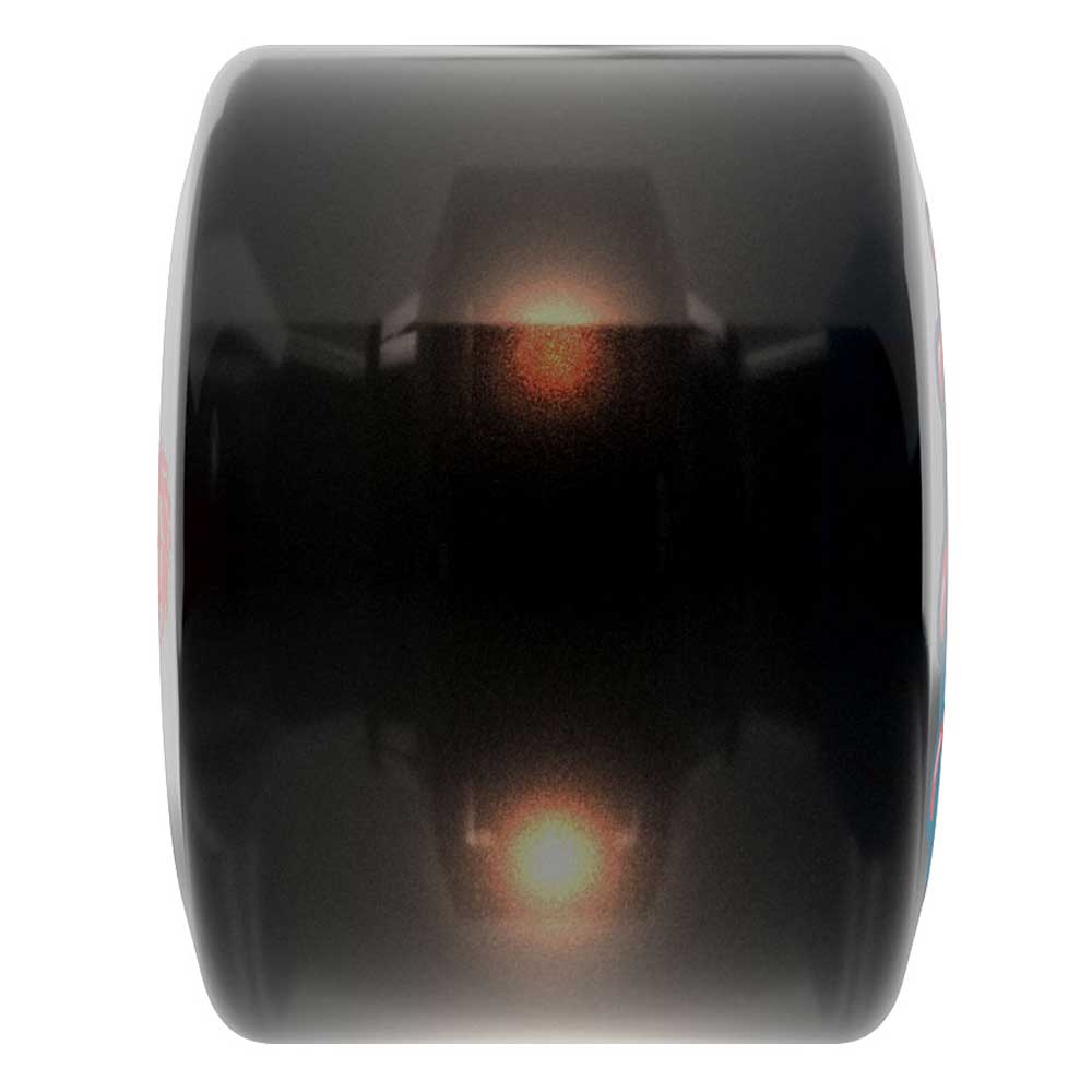A close-up of a shiny, transparent black 66mm Prayer Candle Light Ups OG Slime Balls wheel with a smooth 78a surface, reflecting two bright lights in the center reminiscent of its signature glowing effect.