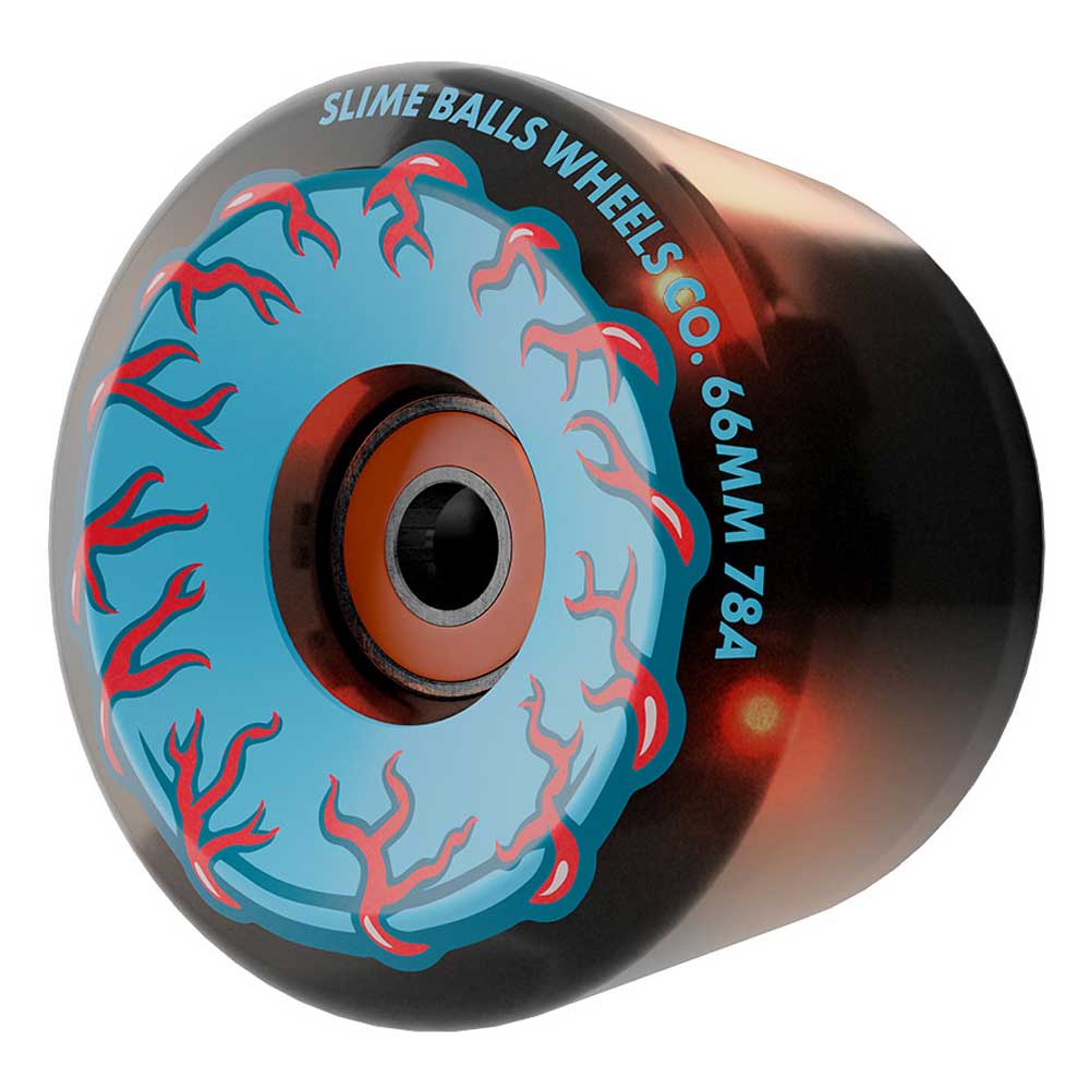 A close-up of the 66mm Prayer Candle Light Ups OG Slime Transparent Black 78a Slime Balls Wheels features a striking blue eyeball design with red veins, labeled SLIME BALLS WHEELS CO. 66MM 78A on the side. The wheel’s transparent black finish and glossy sheen make it an ideal choice for those seeking high-quality 78a cruiser wheels, or anyone looking to upgrade to Slime Balls’ Light Ups series for enhanced style and performance.