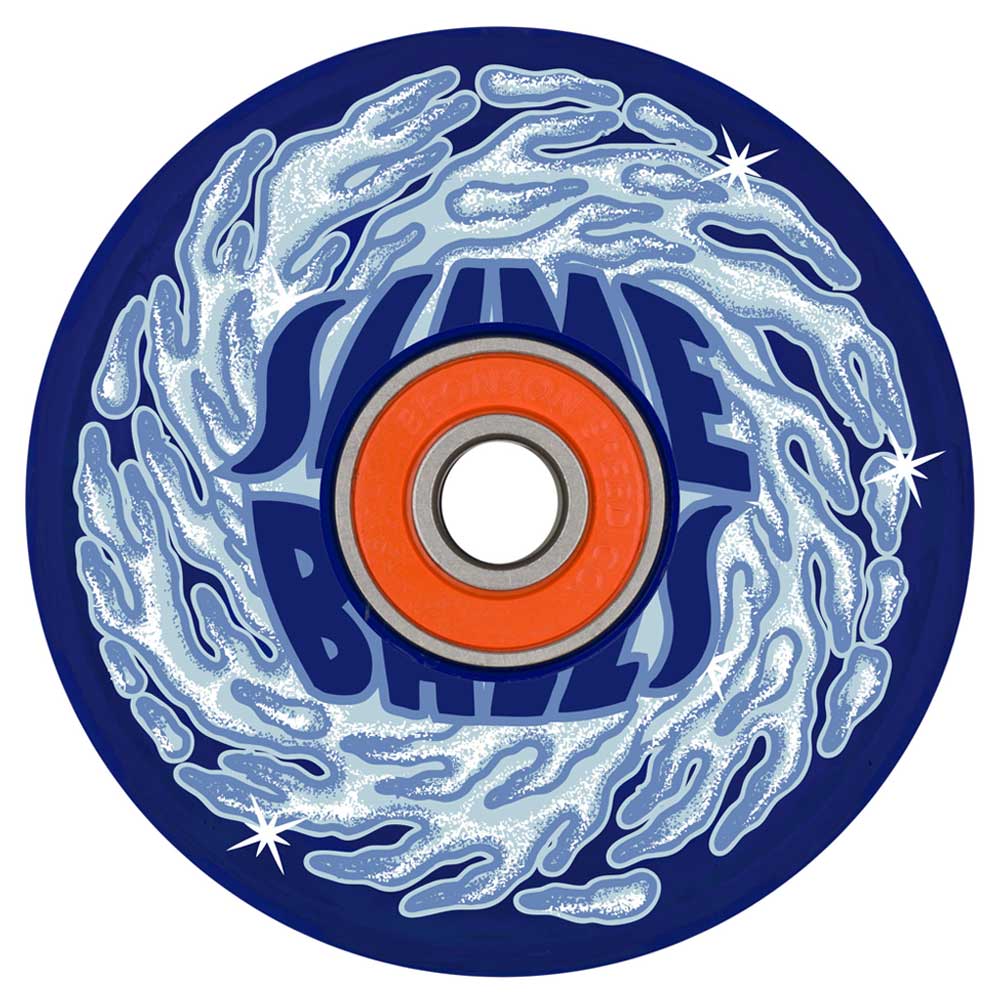 The 66mm SB Ice Light Ups OG Slime Blue 78a Slime Balls Wheels feature blue wheels with swirling white slime graphics, sparkles, partially visible SLIME BALLS text, an orange core, and Light Ups details.