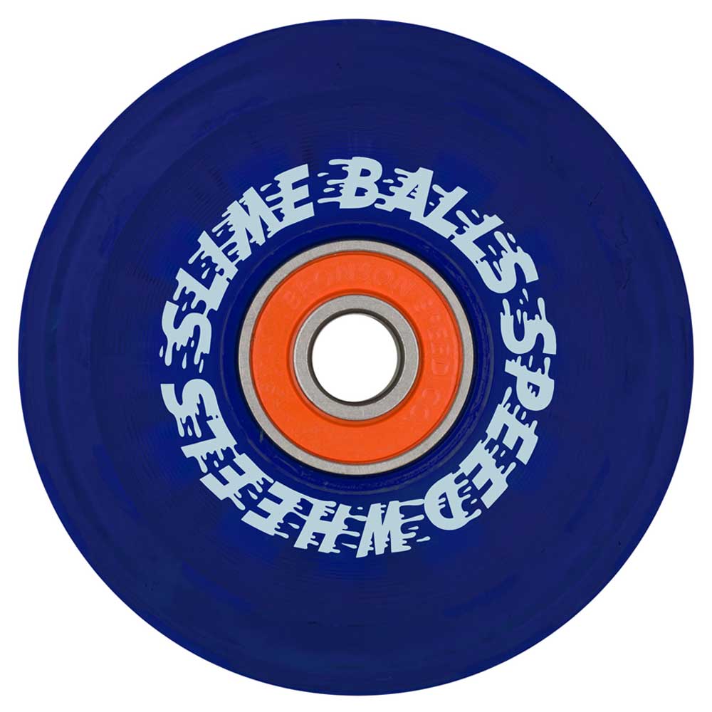 A 66mm SB Ice Light Ups OG Slime Blue 78a Slime Balls Wheels skateboard wheel with an orange center bearing and “SLIME BALLS SPEED WHEELS” in white, wavy text circling the blue wheel.
