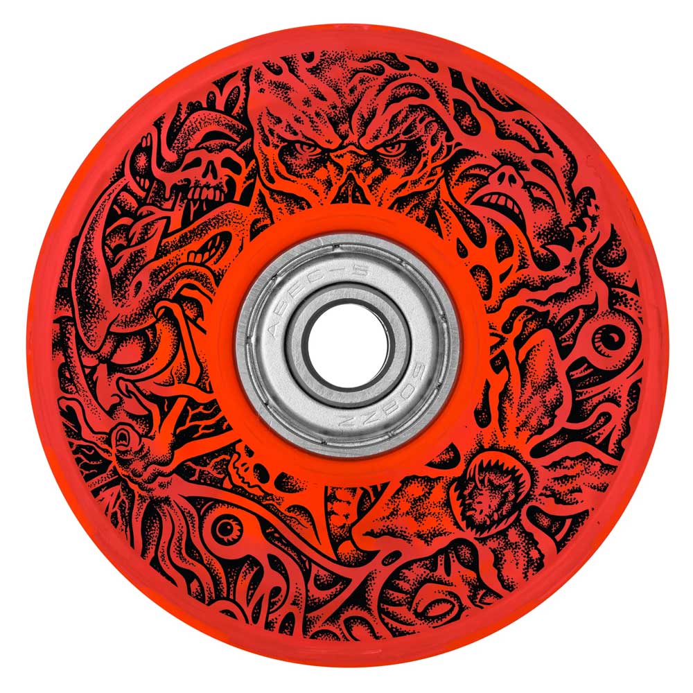 A 66mm Hellfire Club Light Ups OG Slime Red 78a Slime Balls skateboard wheel, featuring a detailed black illustration of monsters and tentacles swirling around the center.