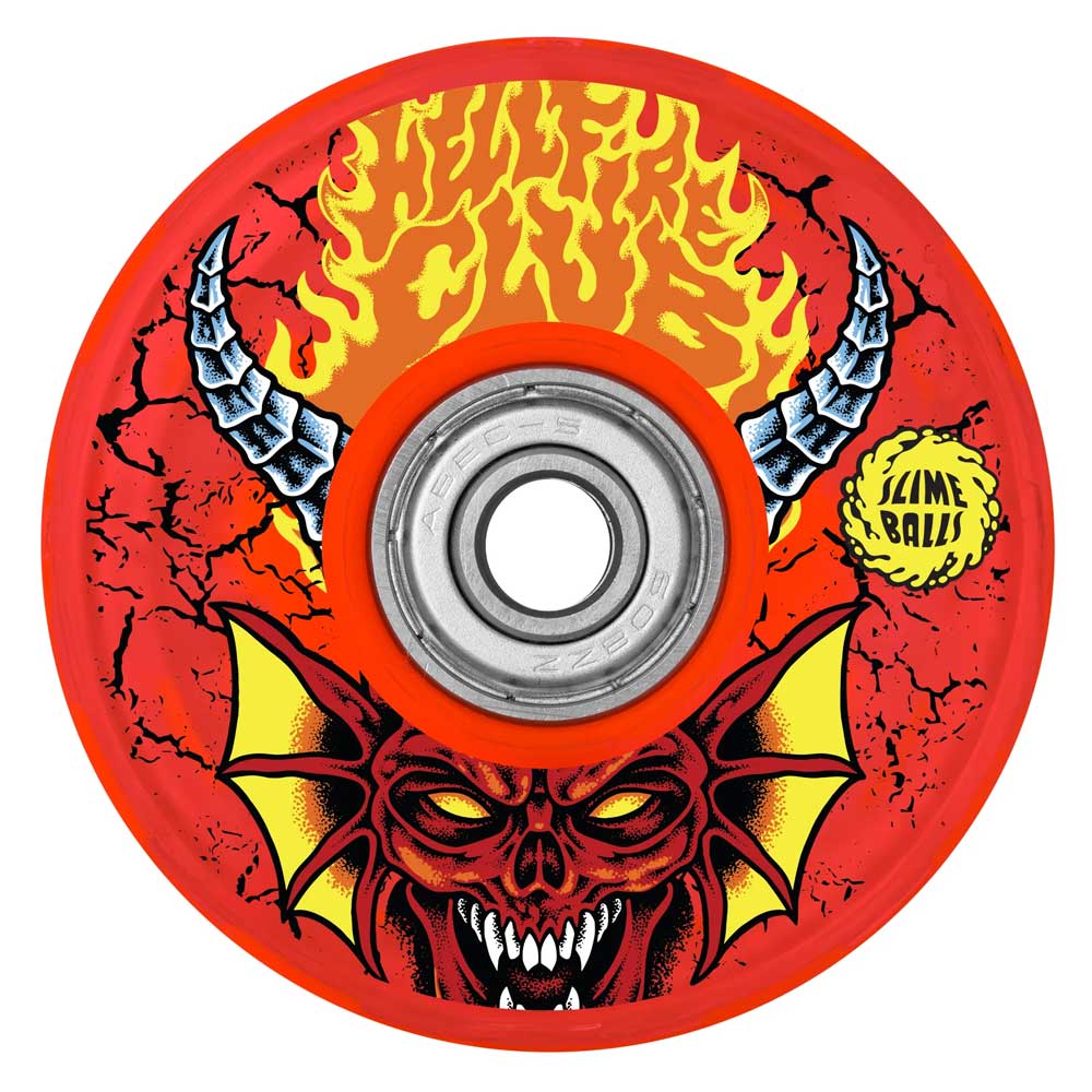 The 66mm Stranger Things Hellfire Club Light Ups OG Slime Red 78a Slime Balls Wheels feature bold yellow and black demonic graphics, cracked background, and "Slime Balls" text—perfect for your next setup or pairing with top-notch bearings.