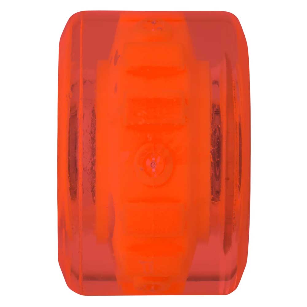 A translucent, bright orange 66mm Stranger Things Hellfire Club Light Ups OG Slime Red 78a Slime Balls wheel with a textured middle and precision bearings, shown from the side.