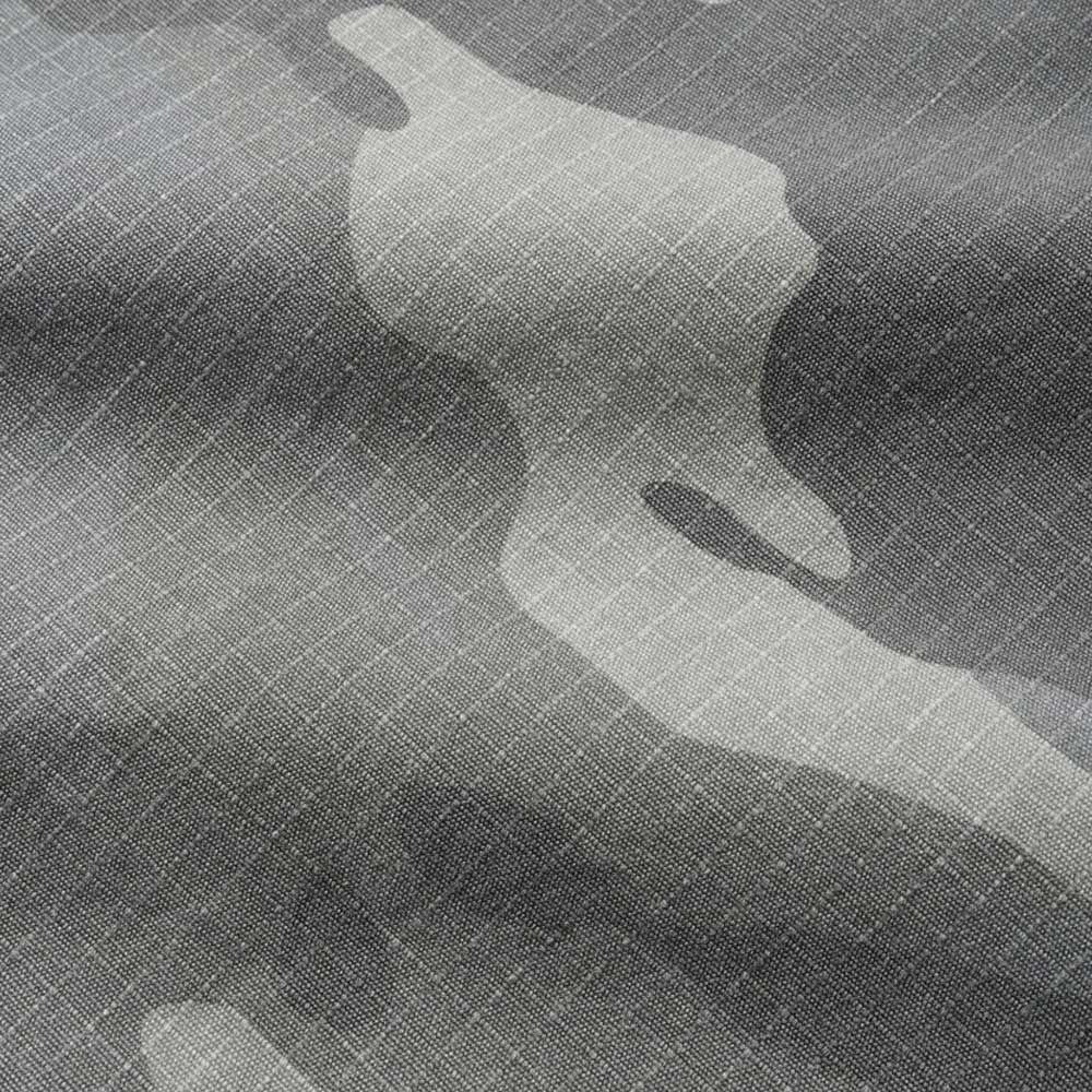 Close-up of Halfway Shorts Grey Camouflage Ripstop Cash Only COD152601, featuring baggy cotton twill fabric with a grid-like texture and irregular light and dark camo patterns.