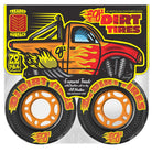 Illustration of a red monster truck with yellow flames and large, orange-rimmed 70mm Dirt Tires Thunder Juice Black 78a OJ Wheels. Packaging highlights “Treaded Surface,” “All Weather,” and “Thunder Juice” for off-road adventures.