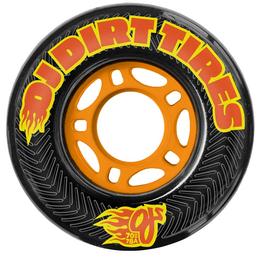 A black 70mm Dirt Tires Thunder Juice OJ Wheel (78a) features an orange hub, yellow and red flame-style "DJ DIRT TIRES" text, a flame logo with “70A 78A,” inspired by the original Thunder Juice wheels.