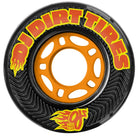 A black 70mm Dirt Tires Thunder Juice OJ Wheel (78a) features an orange hub, yellow and red flame-style "DJ DIRT TIRES" text, a flame logo with “70A 78A,” inspired by the original Thunder Juice wheels.