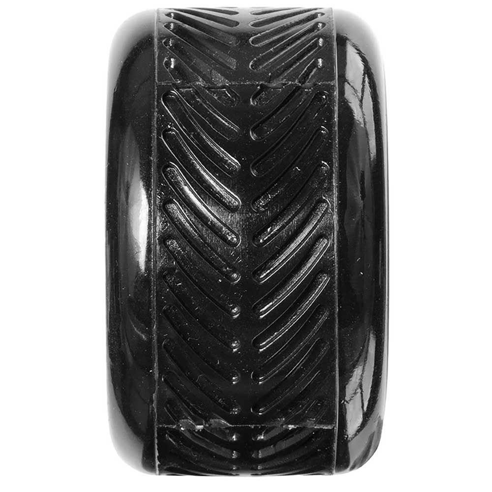 A close-up of a black 70mm Dirt Tires Thunder Juice 78a OJ Wheels tire, photographed from the front to highlight its textured chevron tread pattern and detailed grooves.
