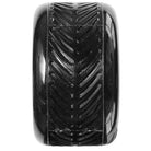 A close-up of a black 70mm Dirt Tires Thunder Juice 78a OJ Wheels tire, photographed from the front to highlight its textured chevron tread pattern and detailed grooves.