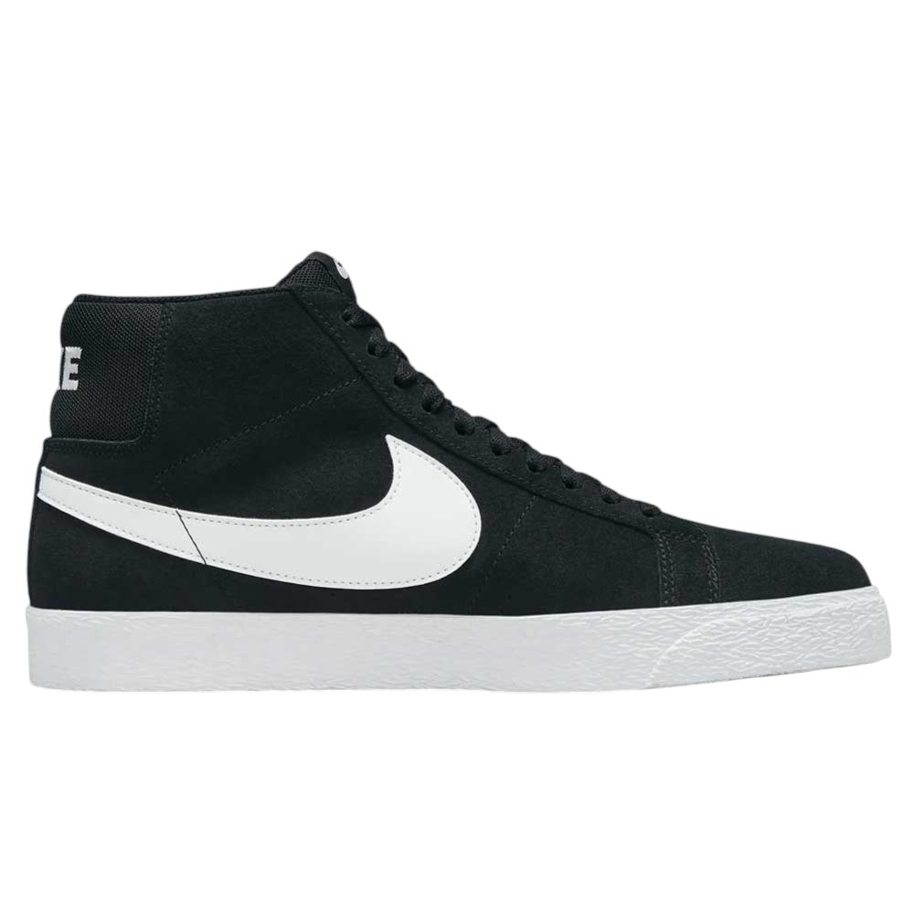 The 864349002 Black White Blazer Mid Nike SB Suede Skateboarding Shoes feature a black high-top design with a white Nike swoosh, white sole, and black laces. Inspired by classic suede skate shoes, these sneakers showcase “NIKE” in bold white letters on the back heel. The product is shown from the side against a clean, white background.