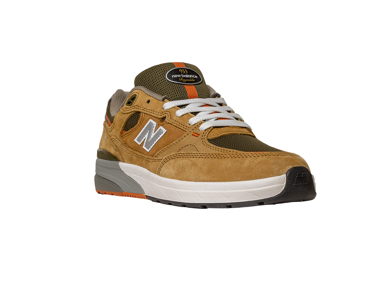 The 933 MNO Andrew Reynolds Brown Grey New Balance Numeric Skateboarding Shoes Suede feature tan and olive green suede, white laces, orange accents, and a white, gray, and black sole, shown on a plain white background.