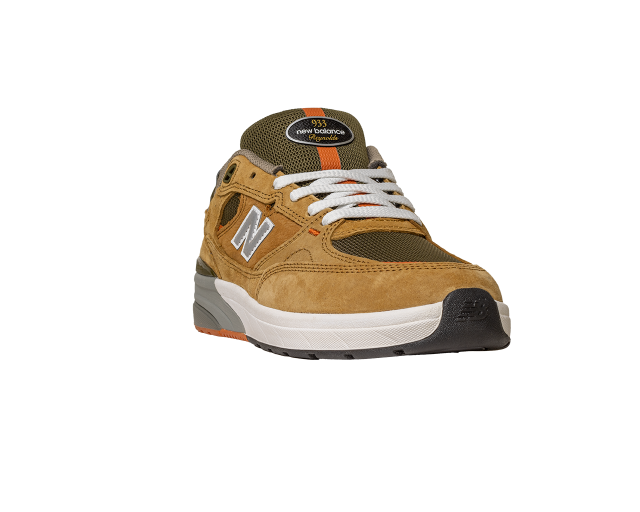 The 933 MNO Andrew Reynolds Brown Grey New Balance Numeric Skateboarding Shoes feature suede material, white laces, orange accents, and a white/black sole—shown from the front on a plain white background.