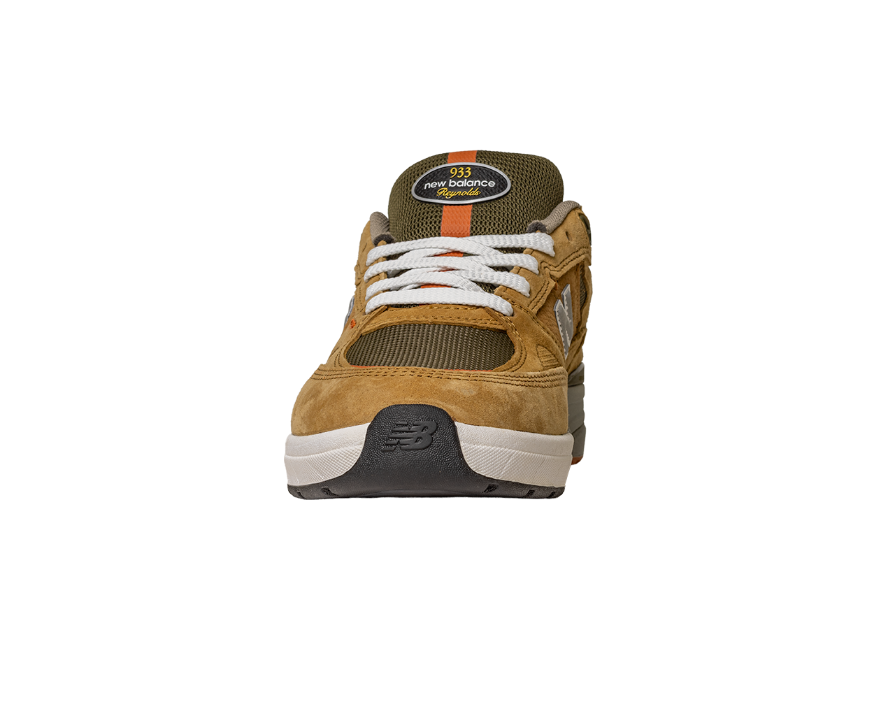 The 933 MNO Andrew Reynolds Brown Grey New Balance Numeric Skateboarding Shoe is shown from the front, featuring white laces, mesh fabric, suede overlays, and the brand’s logo on the tongue.