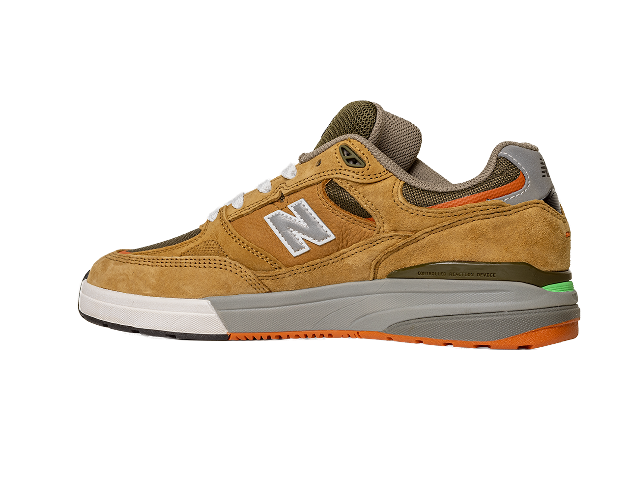 The 933 MNO Andrew Reynolds Brown Grey New Balance Numeric Skateboarding Shoes Suede feature a white N logo, orange and green accents, white laces, and a brown and orange outsole, displayed on a plain white background.